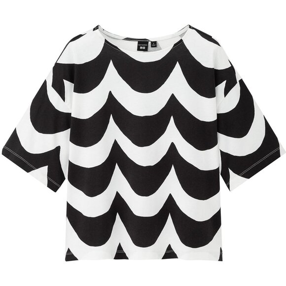 Uniqlo x Marimekko Short-Sleeve Boxy Crop Top Relaxed T-Shirt Black White Waves - Picture 1 of 8